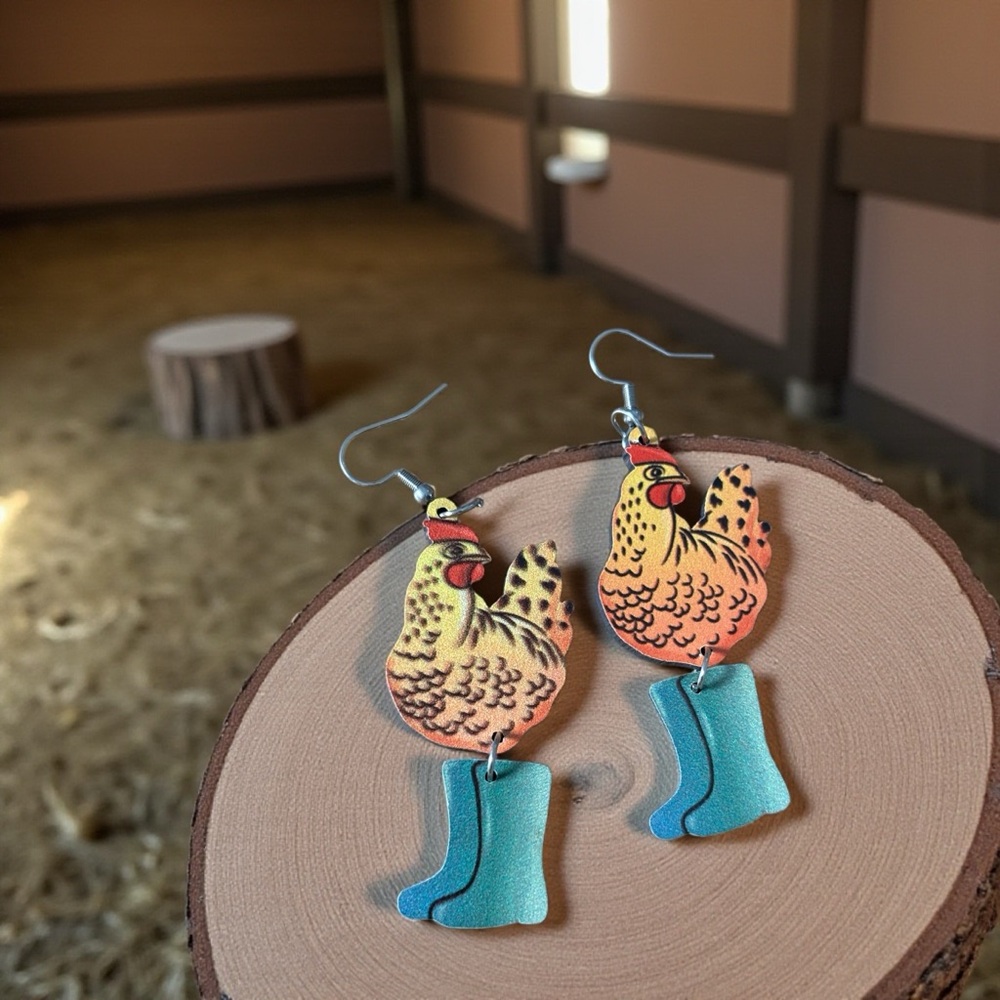 Charming Farmhouse Chicken Earrings with Blue Boots